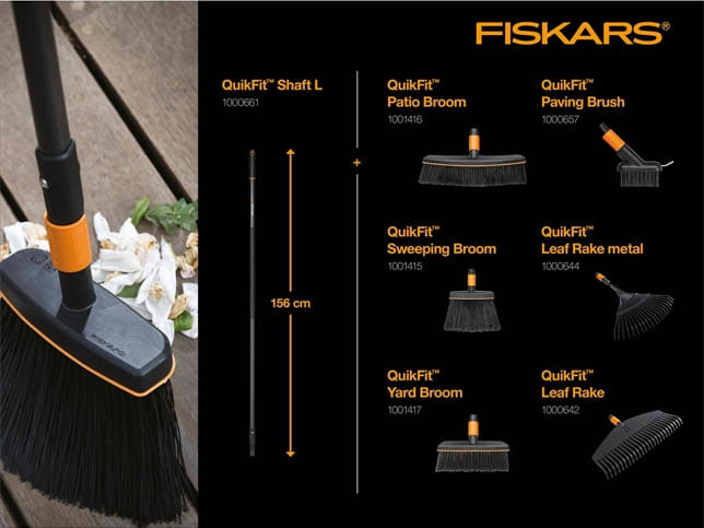 Trzonek (L) 156 cm QuikFit Fiskars – pasujące końcówki: miotły i grabie